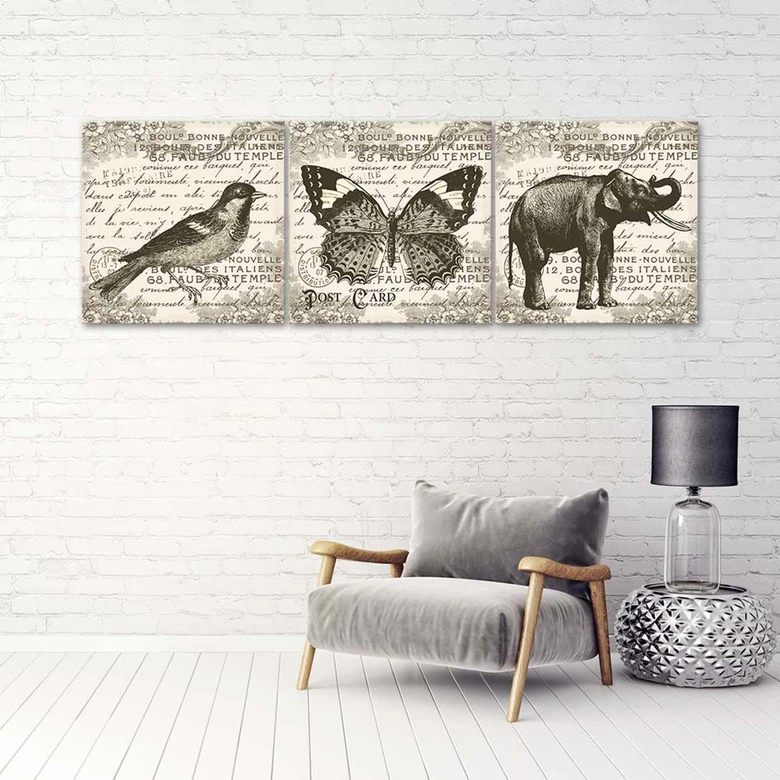 Leinwandbild 3-teilig, Tiere Retro 