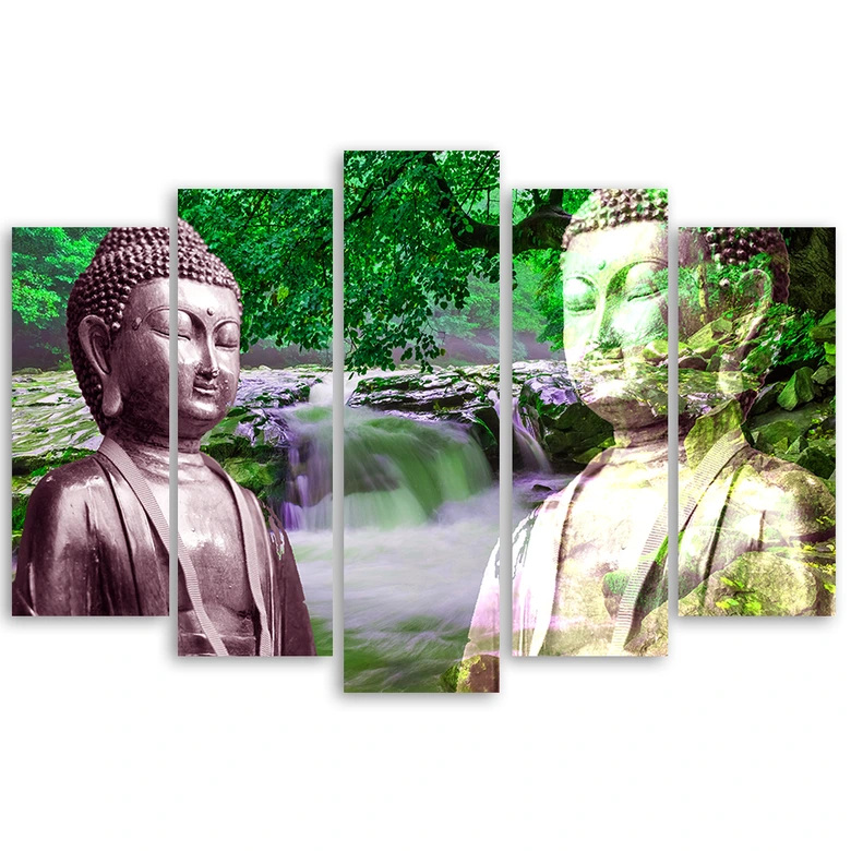 5 stykke lærred Print Buddha Waterfall Forest Green 
