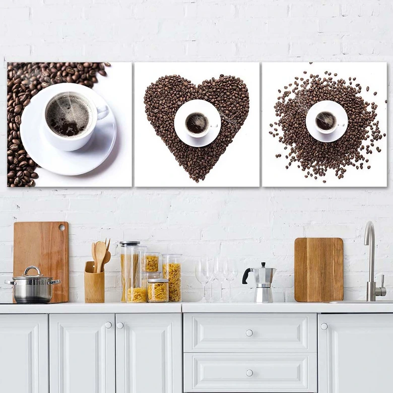 Leinwandbild 3-teilig, Kaffeebohne Herz 