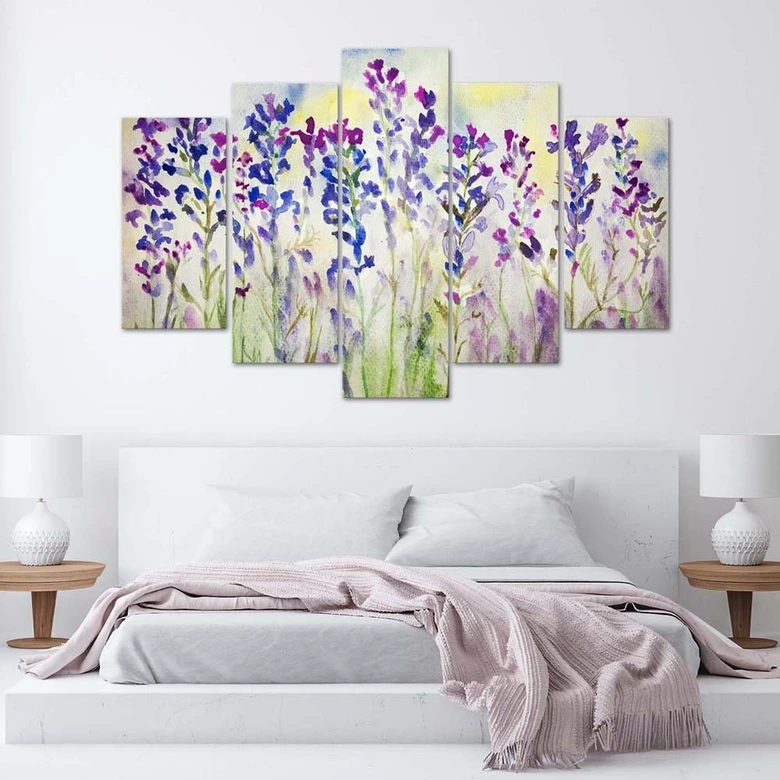 Leinwandbild 5 teilig, Lila Feldblumen 