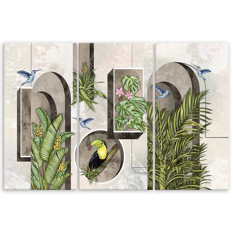 Leinwandbild 3 teilig, Formen in der Wand mit Pflanzen und Vögeln Toucan Koliber 