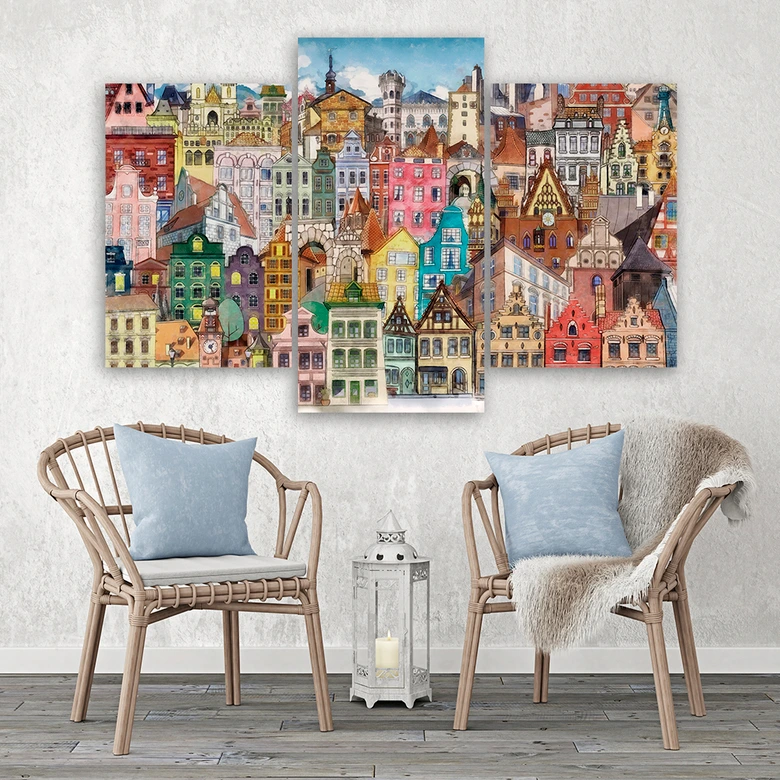 Leinwandbild 3 teilig, Fröhliche Stadt 
