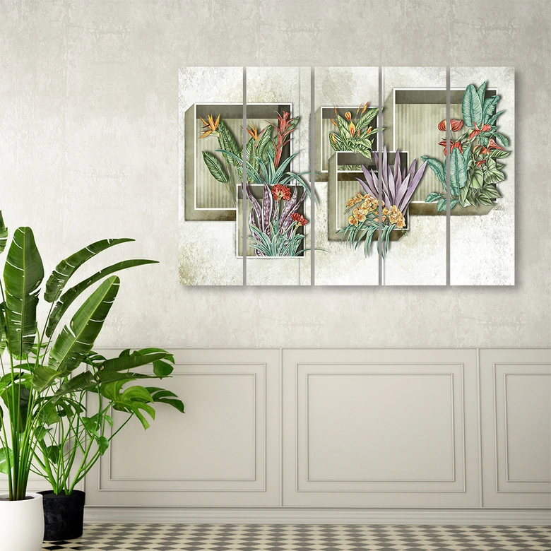Leinwandbild 5 teilig, Quadratkisten Regale mit Blumen 