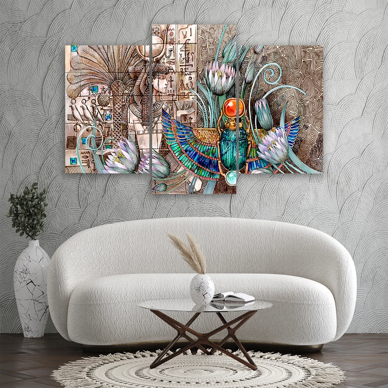 Leinwandbild 3 teilig, Ägyptische Hieroglyphen und Skarabäen 