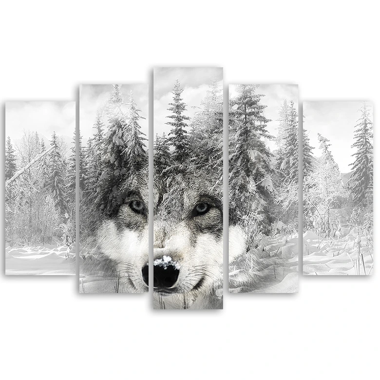 5-delige canvasprint, Wolf Forest Nature Grey 