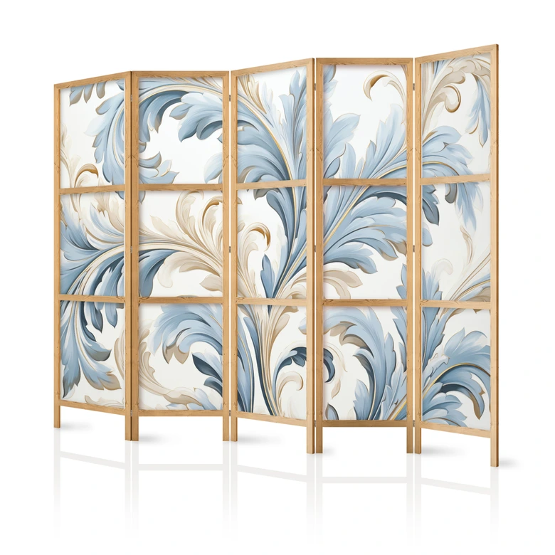 Japanischer Paravent, Raumteiler freistehend, Trennwand - Baroque Ornaments in Light - Cream-Blue Colors 