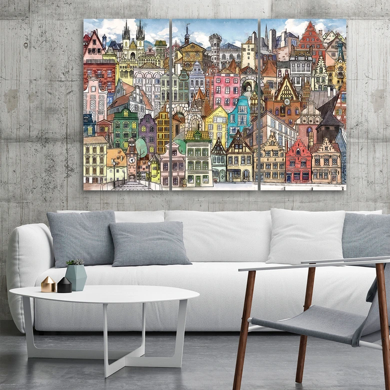 Leinwandbild 3 teilig, Fröhliche Stadt 
