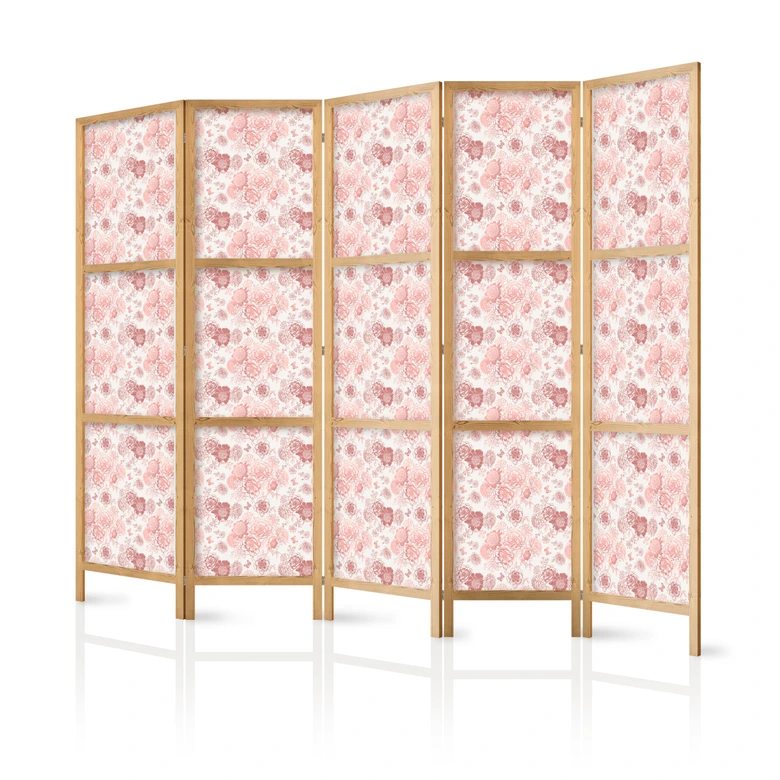 Japanischer Paravent, Raumteiler freistehend, Trennwand - Pink Blossoming on White Background 3-teilig 135x172 cm
