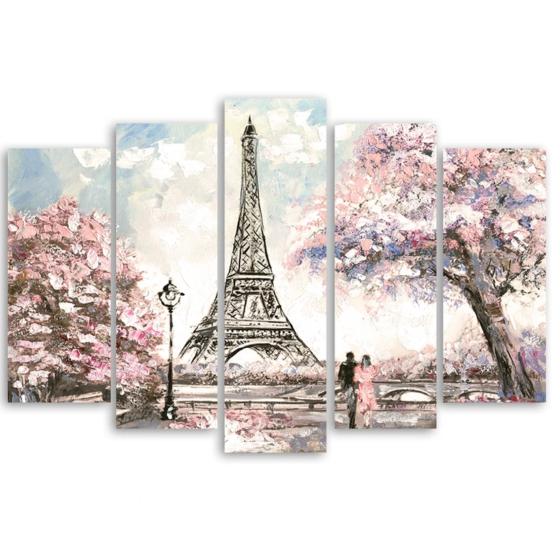 Leinwandbild 5 teilig, Eiffelturm Pastellfarben Rosa 