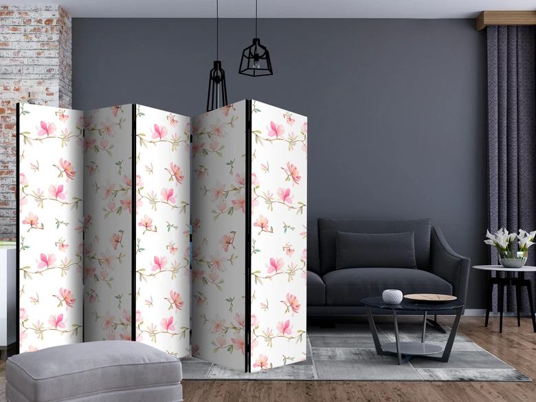 Paravent, Raumteiler freistehend, Trennwand - Fresh Magnolias II, 5-teilig - einseitig bedruckt - 225x172 cm 