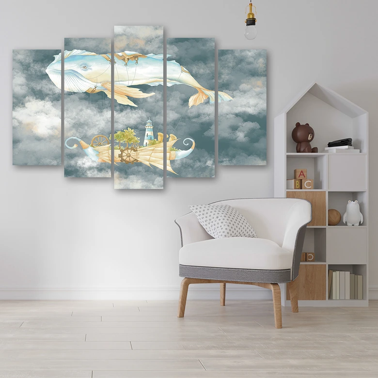 Leinwandbild 5 teilig, Fliegerwal und Schiff 