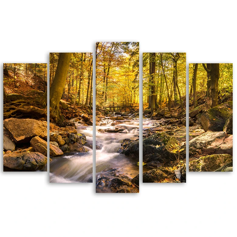 Leinwandbild 5 teilig, Herbstwald Bergbach 