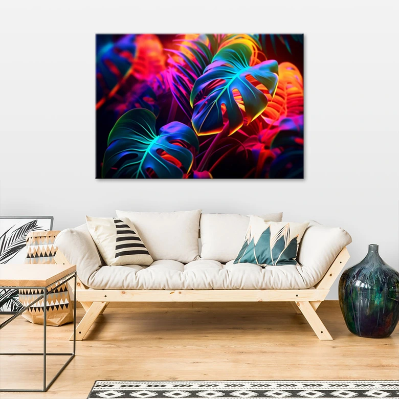 Leinwandbild, Monstera-Blätter in Neonfarben 