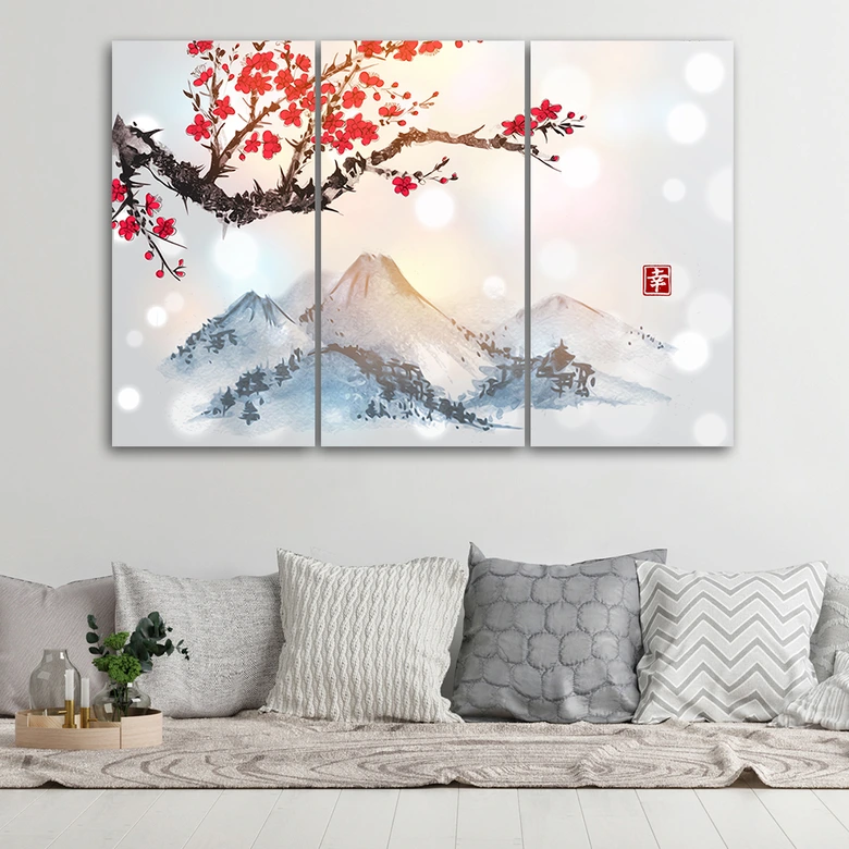 Leinwandbild 3-teilig, Japan Kirschblüten Berge 