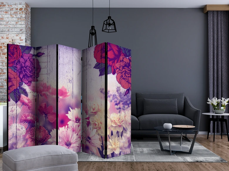Paravent, Raumteiler freistehend, Trennwand - Flowers Memories II, 5-teilig - einseitig bedruckt - 225x172 cm 