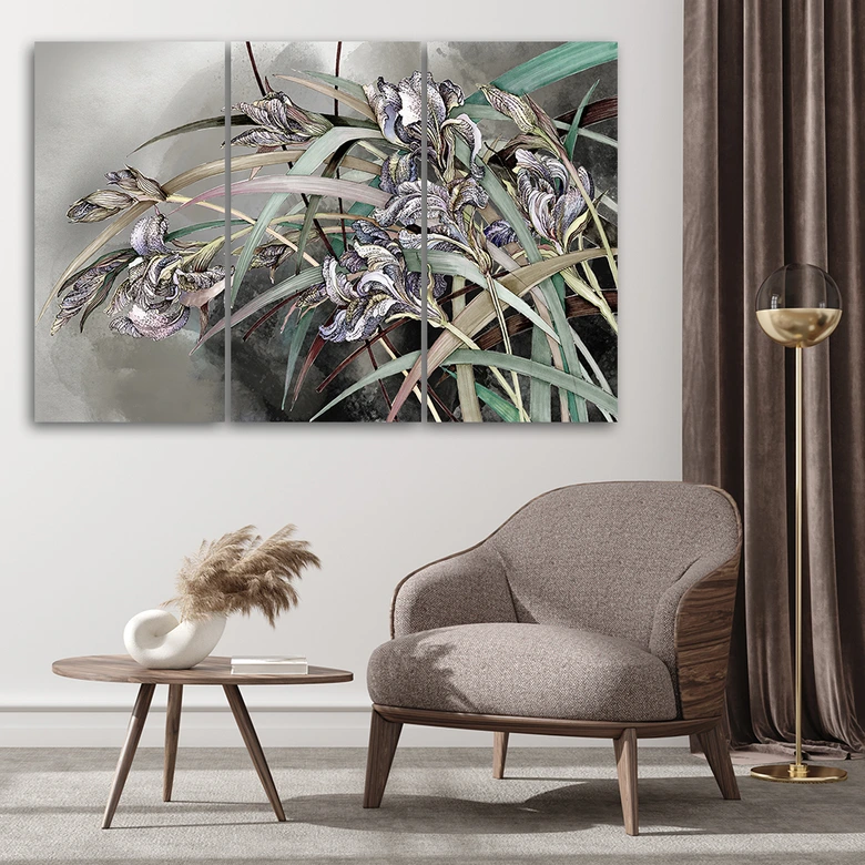 Leinwandbild 3 teilig, Iris Blumen im Wind 