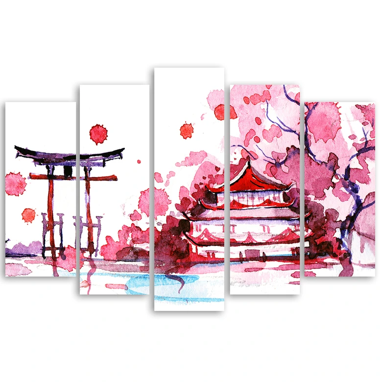 5 stuk canvas print, Japan roze landschap 
