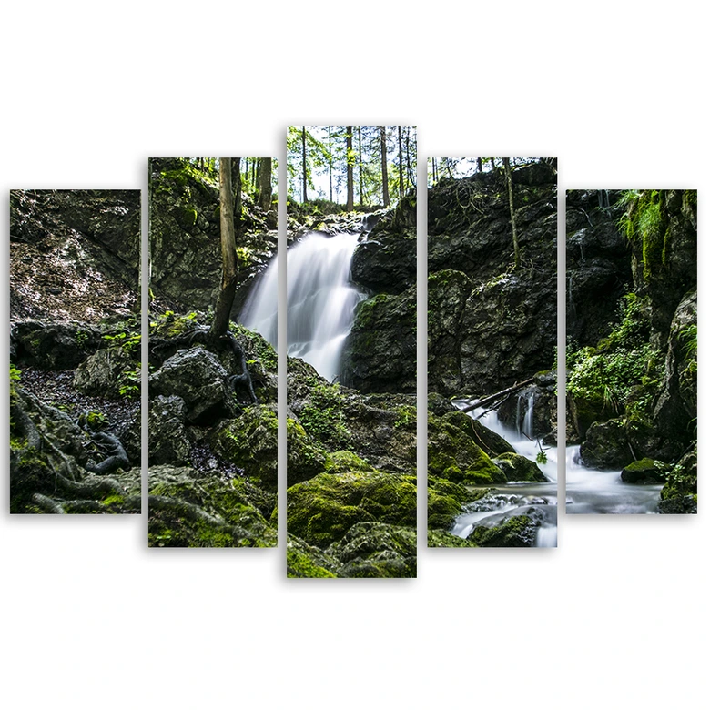 Leinwandbild 5 teilig, Wasserfall Wald Felsen 