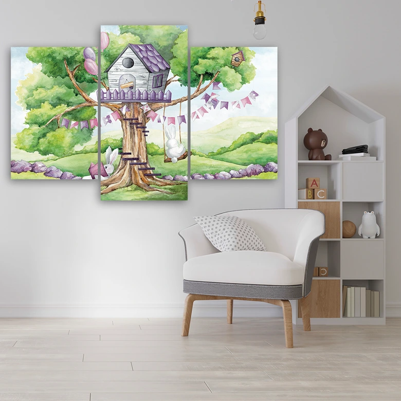 Leinwandbild 3 teilig, Weiße Kaninchen Hütte auf dem Baum 