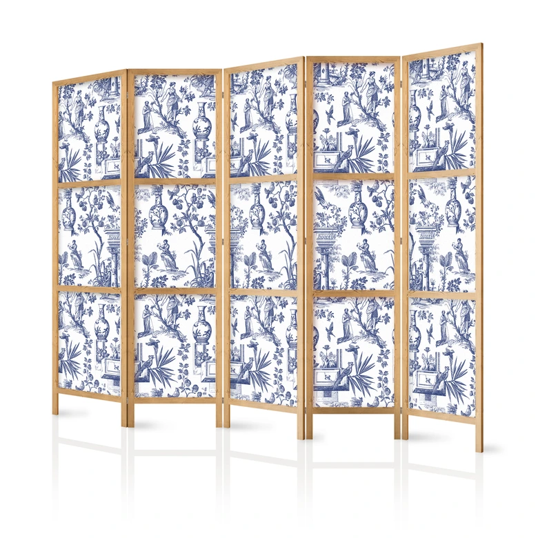 Japanischer Paravent, Raumteiler freistehend, Trennwand - Rome and Botany: Blue Greek and Plant Pattern 