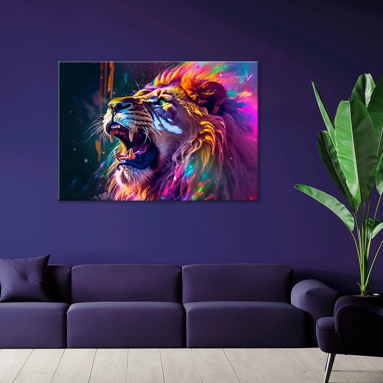 Leinwandbild, Löwe Brüllen Neon Abstraktion 