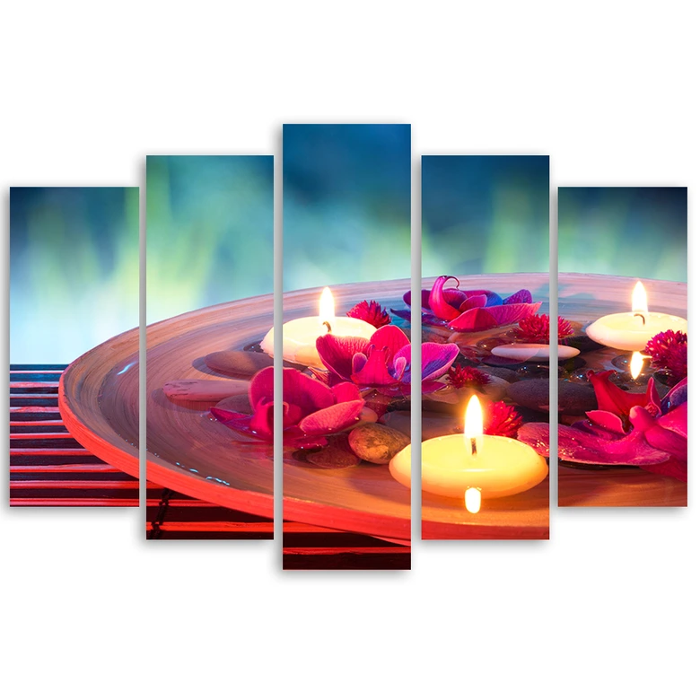 Leinwandbild 5 teilig, Zen Blumen Kerze Wellness 