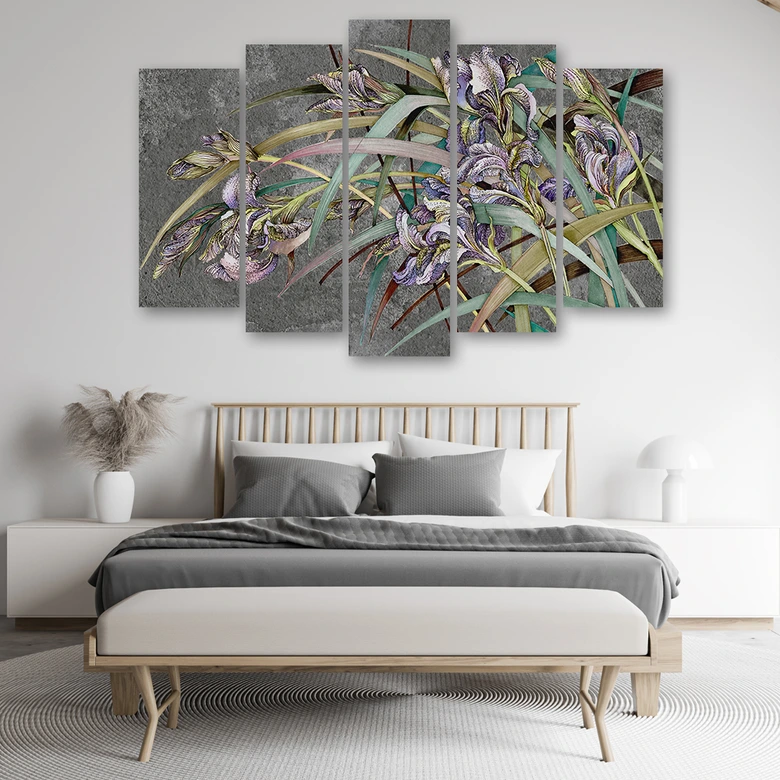 Leinwandbild 5 teilig, Iris Blumen im Wind 