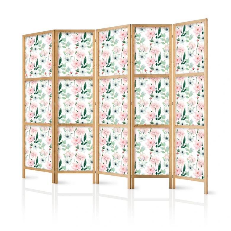 Japanischer Paravent, Raumteiler freistehend, Trennwand - Peonies on White Background 