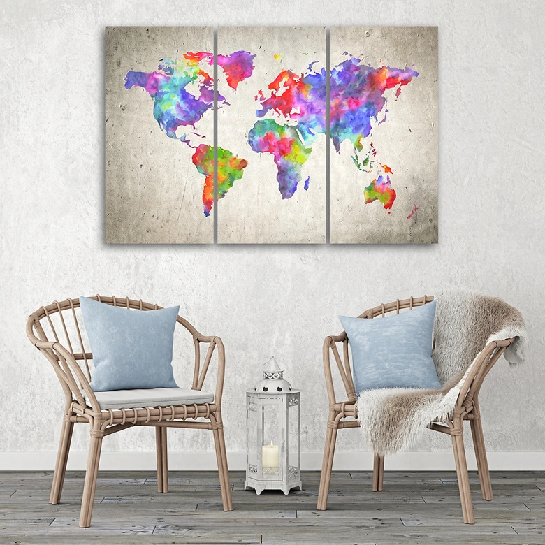 Leinwandbild 3-teilig, Weltkarte Bunt 