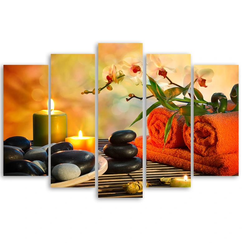 Leinwandbild 5 teilig, Steine Zen Blumen 