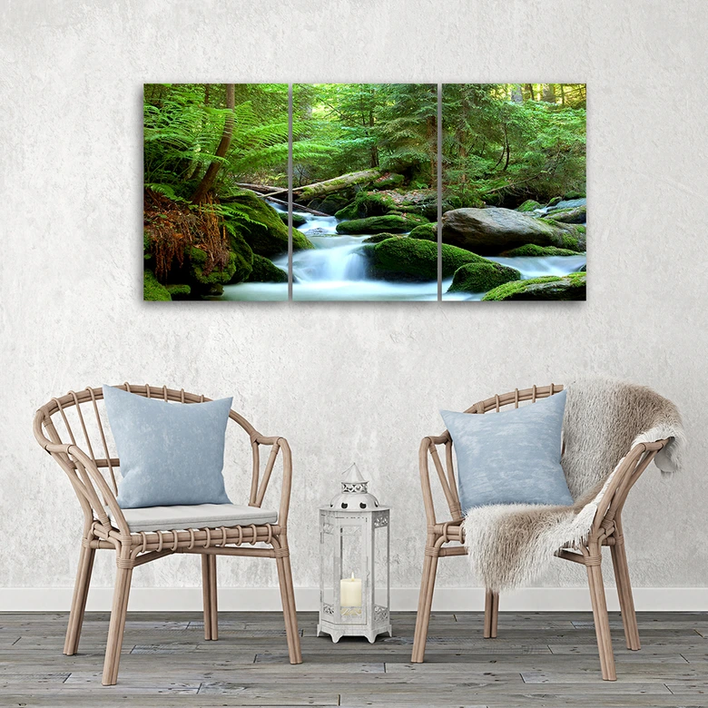 Leinwandbild 3-teilig, Wald Felsen Wasserfall 