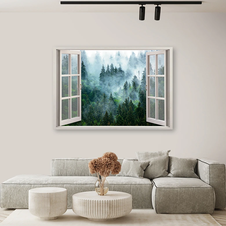 Leinwandbild, Fensterblick Wald im Nebel Natur 