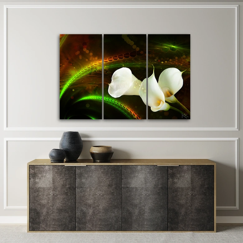Leinwandbild 3 teilig, Weiße Blume auf braunem Hintergrund 