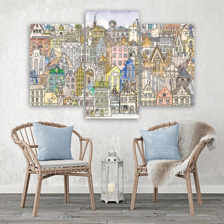 Leinwandbild 3 teilig, Fröhliche Stadt 