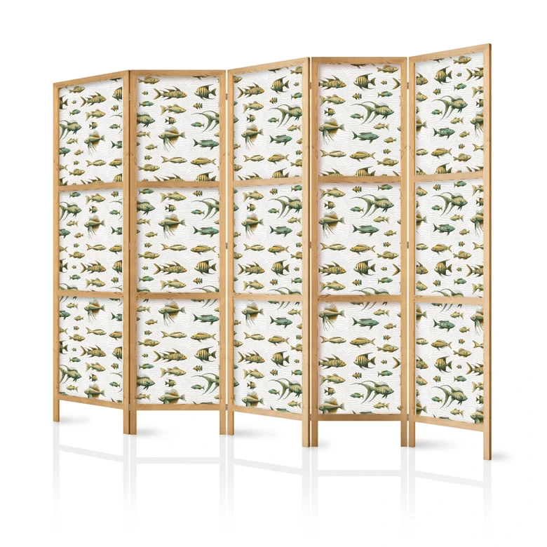 Japanischer Paravent, Raumteiler freistehend, Trennwand - Fish in Beige Tones Presented in Vintage Style 