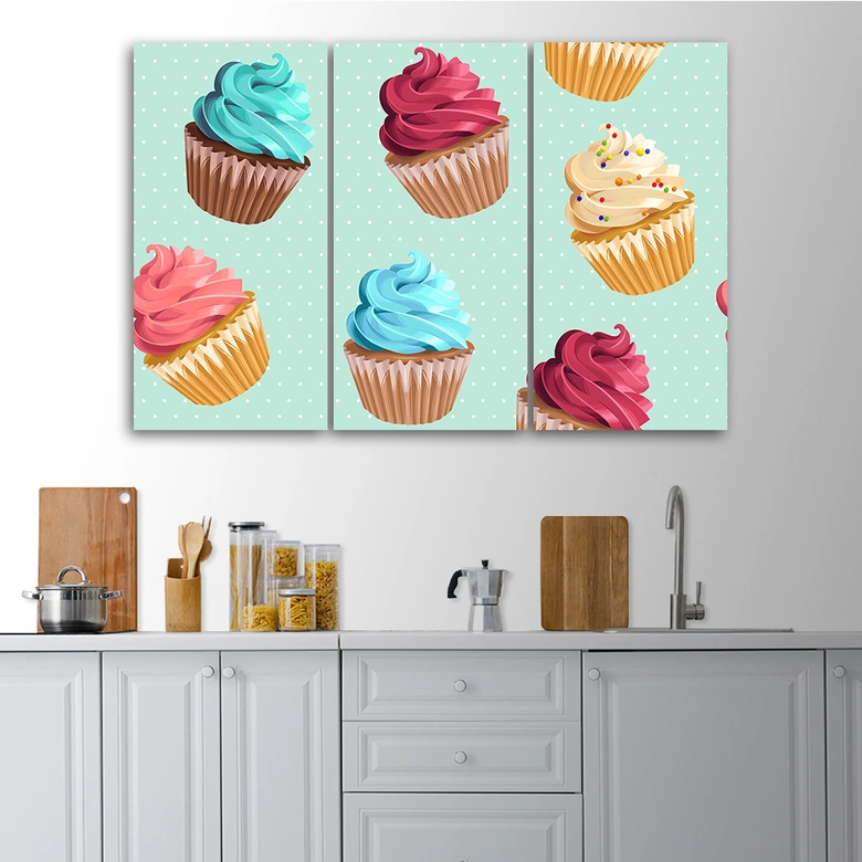 Leinwandbild 3-teilig, Cupcakes Süßigkeiten 