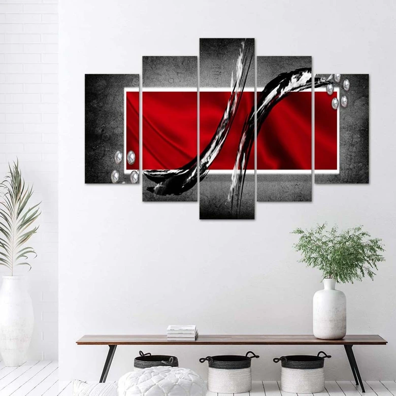 Leinwandbild 5 teilig, Abstraktion Rot Grau 