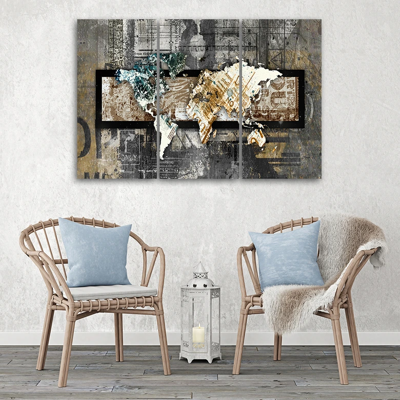 Leinwandbild 3-teilig, Weltkarte Abstrakt  