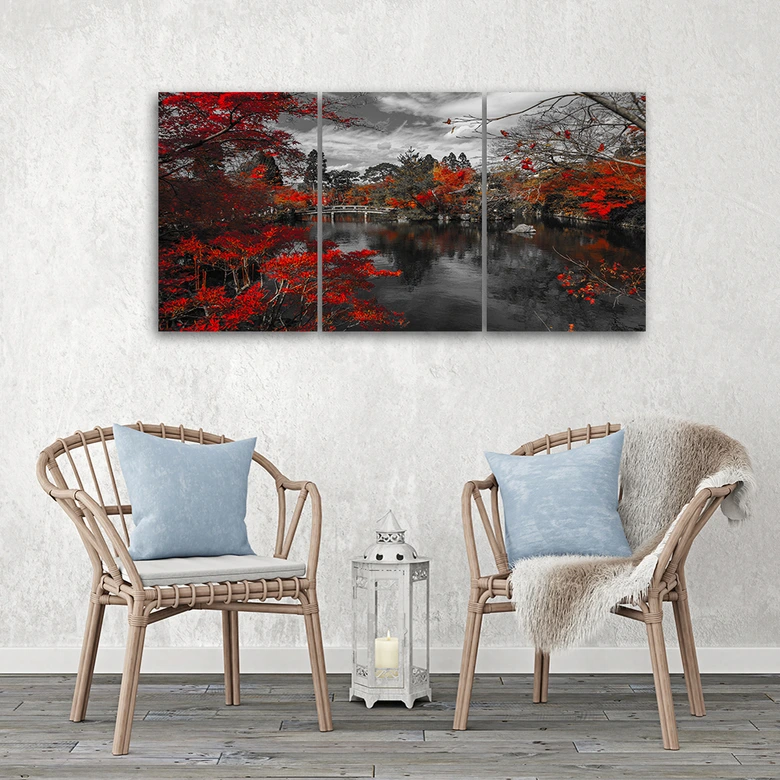 Leinwandbild 3-teilig, Garten Japan Rot 