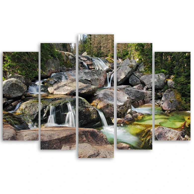 Leinwandbild 5 teilig, Wasserfall Wald Bach Felsen 