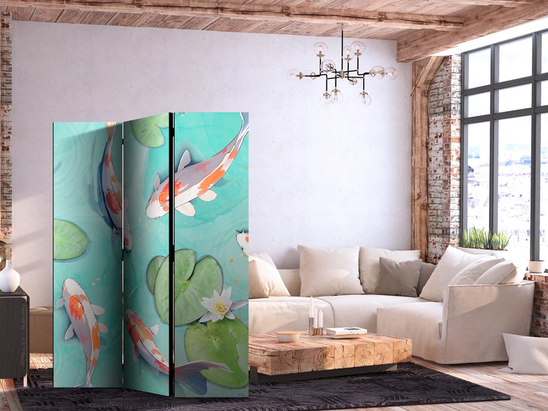 Paravent, Raumteiler freistehend, Trennwand - Spectacular Koi Fish in Crystal Water: Lilies 