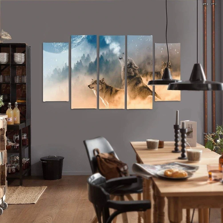 Wandbild 5-teilig, Wölfe Nebliger Wald Natur 
