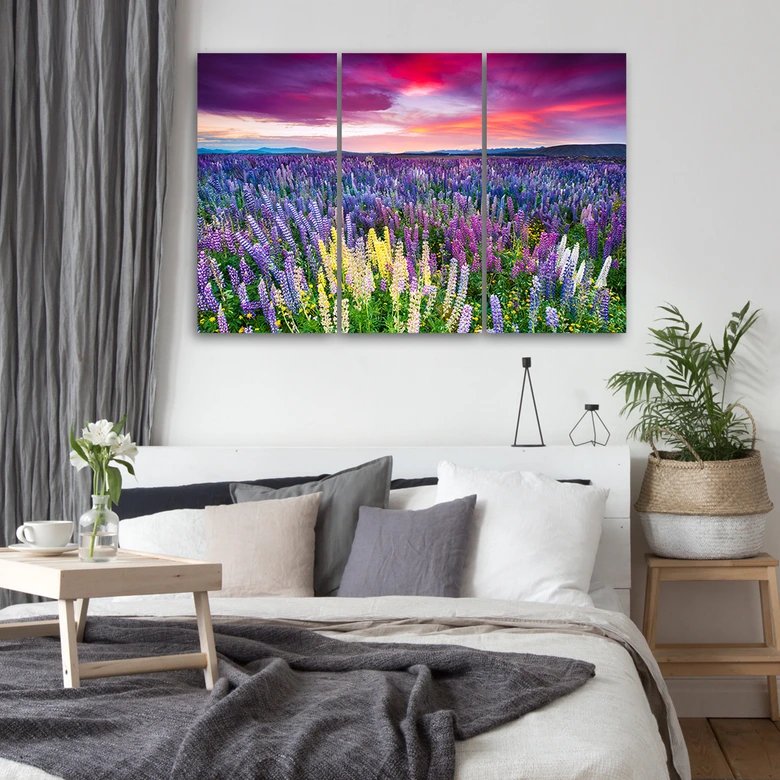 Leinwandbild 3-teilig, Blumenwiese Lavendel Landschaft 