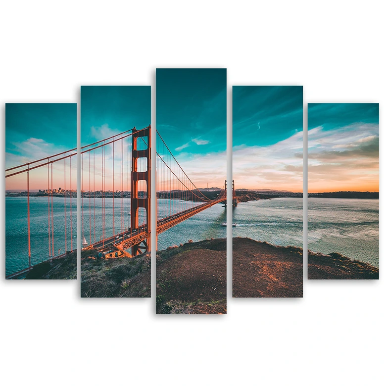 Wandbild 5-teilig, Golden Gate Bridge Türkis 