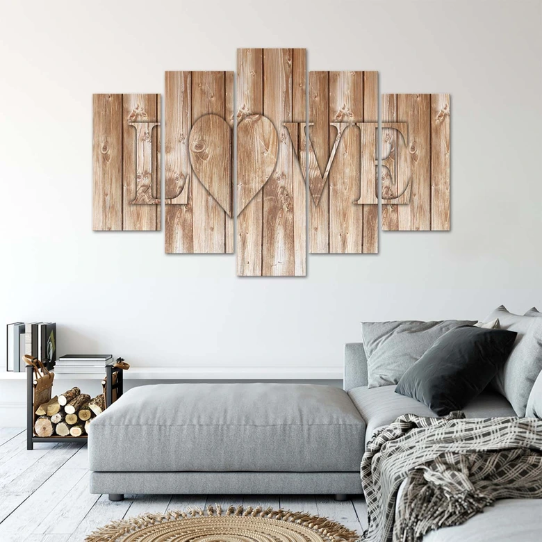 Impression sur toile en 5 parties, Love Inscription Boards Marron 