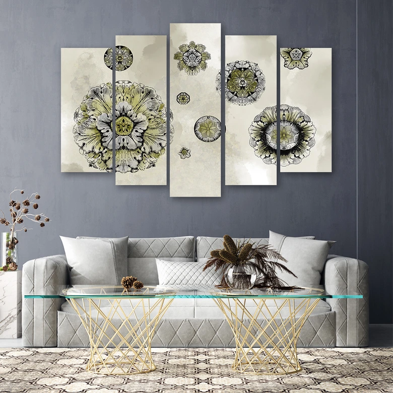 Leinwandbild 5 teilig, Florale geometrische Formen 