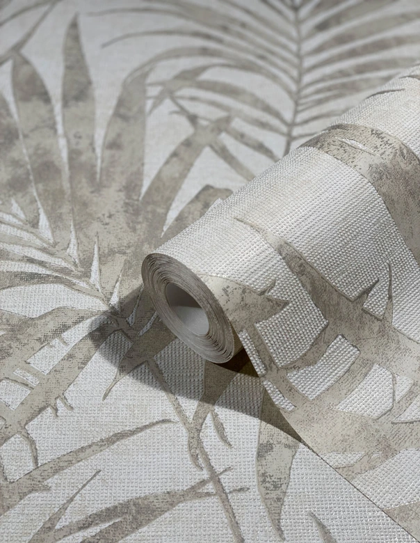 Vliestapete mit schimmerndem und strukturiertem Blattmotiv weiß, grau, beige Floral 