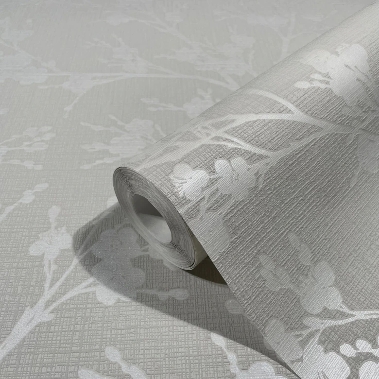 Vliestapete mit leicht glänzendem Blattmotiv grau, beige Floral 