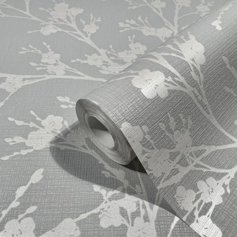 Vliestapete mit leicht glänzendem Blattmotiv grau Floral 