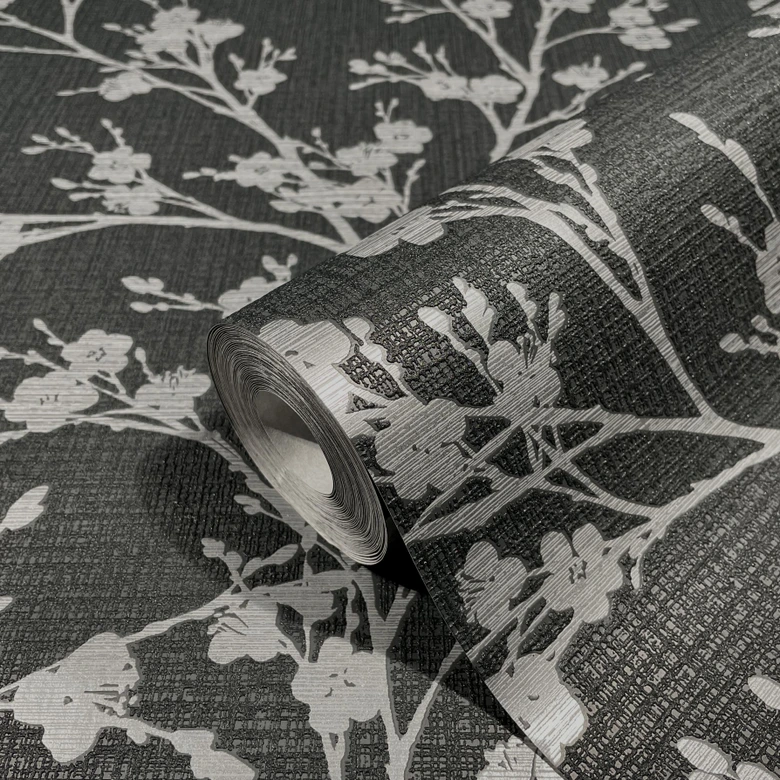 Vliestapete mit leicht glänzendem Blattmotiv schwarz, silber Floral 
